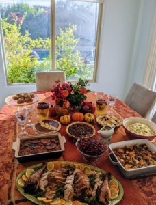 Here's a look at one Thanksgiving table "in Arizona with fresh citrus, herbs and flowers from the garden and a beautiful smoked turkey" from Miriam Sloan.