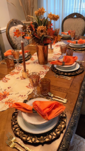 KerShyra Myrick shared this photo of her mom's house. "Her name is Wanda Myrick. We live in Florida. We’re dreaming in orange and gold. These classic Thanksgiving holiday colors will brighten up any dining room table. Mom and I love to host fabulous dinners and did just that on Thanksgiving of this year."