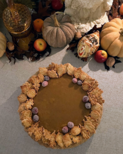"And the pumpkin pie is also Martha’s recipe, with decorative pâte brisée leaves and sugared cranberries."