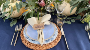 And here's a table setting in Petaluma, California, with locally sourced heirloom pumpkins from Leonardi Pumpkin Patch and set by Carolyn Dolcini.