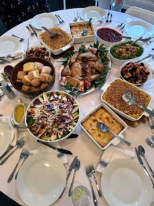 Here's an image from another wonderful Friendsgiving in Westhampton, New York - sent in by Michele Leo. She credits Chef Nectarios Papadopoulos of Telia Catering for all these dishes.