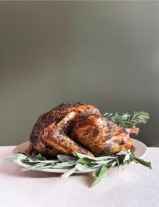 He says, "here is my Perfect Turkey that I am serving on Martha’s drabware platter. The turkey was brined with purple shallots, juniper berries, orange peel, green peppercorns, and white peppercorns. The herb rub is tarragon, rosemary, thyme and sage. I roasted at 500°F for 30 minutes and then reduced the temperature to 350°F until the thickest part of the breast reached 165°F. Overall it took 95 minutes for this 14 pound turkey to roast perfectly. This is the easiest and most delicious turkey I’ve made, and serving it on Martha’s beautiful platter takes it to a whole new level!"