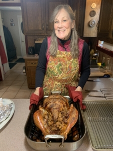 These next photos are from Anduin Havens, Creative Director, Video for Martha Stewart & Emeril Lagasse at Marquee Brands. This is her mom, Karen Havens, with the turkey fresh out of the oven.