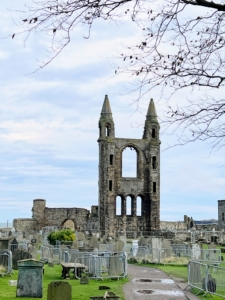 These are the ancient ruins of St. Andrews Cathedral. It is open, but fences surround its walls. The cathedral was built in 1158 and became the center of the Medieval Catholic Church in Scotland as the seat of the Archdiocese of St Andrews and the Bishops and Archbishops of St Andrews. It fell into decline after Catholic mass was outlawed during the 16th-century Scottish Reformation. Now it is a monument under the care of the Historic Environment Scotland. Based on what is left still standing, the building was approximately 390 feet long, and is the largest church to have been built in Scotland.