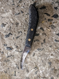 A farrier’s hoof knife is made of high quality stainless steel and has a sharp blade. It is used to clean up the exfoliating sole, to trim the shedding frog, and to cut the bars.