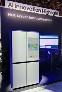 And a digital display of the Samsung AI-enabled Family Hub+ Refrigerator.