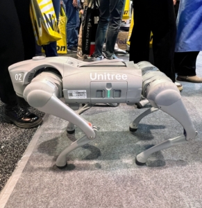 This is the Unitree Go2 - the All-Terrain Robodog. It has a self-developed 4D LIDAR L1 and an AI-driven control system, which can be programmed to do a host of behaviors including jumping, stretching, shaking hands, cheering, pouncing, and sitting down.