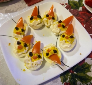 Here is a plate of Francisco's mom's Santa Claus deviled eggs.