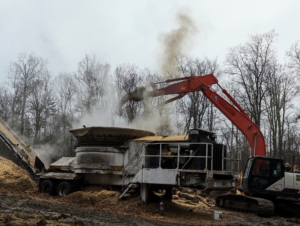 Every time I call in the tub grinder, the crew works for nearly a month grinding up all the material from around the farm. The jaws on the excavator are huge and can pick up, move and sort several large logs or pieces of debris at a time.