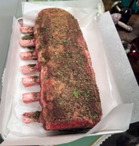 I actually brought the rib roast to Christopher's the day before, on Christmas Eve. Pat LaFrieda gave me a seven rib roast. We seasoned it and let it set for 24-hours before cooking.