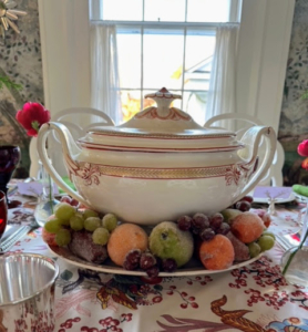 I recommended that Anthony sugar pears, nectarines, apples, and grapes using egg whites and sugar. They look so pretty on the plate surrounding the tureen.