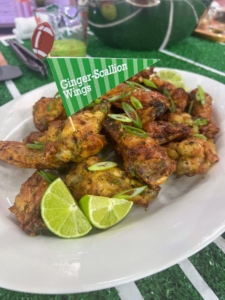 During my segment, I shared this delicious recipe for Ginger Scallion Wings with scallions ginger, salt, and oil mixed in a food processor, tossed with the baked wings, and then put into the oven for an additional 10-minutes.