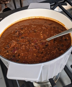 Our chili is cooked in my Martha Stewart Enameled Cast Iron Round Dutch Oven available from my shop at Amazon.