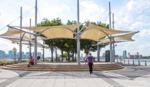 This is the eastern end of Pier 45 in Greenwich Village, an 850-foot-long pier that offers shade structures and seating areas. (Photo courtesy of HudsonRiverPark.org)