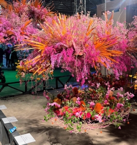 Here is a close up of the hanging arrangements from the Schaffer Designs' exhibit called "Connected: A Floral Legacy." Many of the installations at the flower show take weeks to complete. This one was also part of the entrance display.