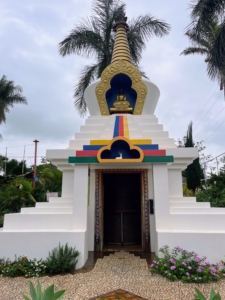 The Great Paia Lha Bab Peace Stupa is the gateway to the Maui Dharma Center. It stands 27-feet tall and houses a large prayer wheel inside.