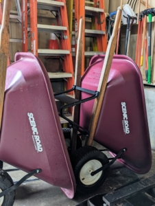 Our dependable wheelbarrows from Scenic Road are washed, and stored upright to save space.