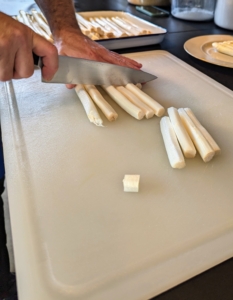 The jumbo asparagus spears were imported from France. White asparagus is generally sweeter and more tender than the green variety. Chef Pierre cuts them in half and saves the bottoms for asparagus soup - nothing is wasted.