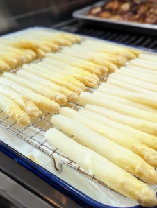 About 10-minutes before serving, the asparagus spears are steamed to perfection.