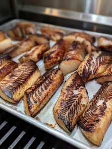 Black cod is also known as sablefish, coalfish, Alaskan cod or butterfish. The cod fillets were marinated in Miso, mirin, and sake for 72-hours prior to cooking. Here they are pan-seared beautifully. Everyone asked for second helpings.