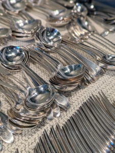 I have thousands of silver spoons, forks, and knives – many purchased from antiques fairs and shops over the years. I love using them whenever I entertain, so polishing three or four times a year is generally sufficient to keep everything in good condition.