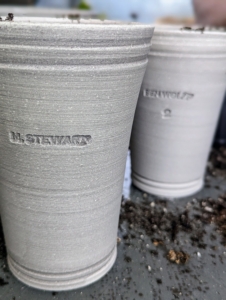 Every few years, I add to my stock of planting pots. These are new vessels from Ben Wolff. He and his father make every one of them by hand. On the side of each one, he stamps my name. On another side is Ben's name and the wet-weight of the clay used.