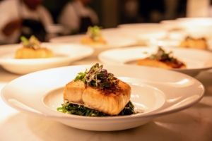 The entrées included this Honey Mustard Salmon with Wilted Spinach and Confit Shallots. So many of the dishes are the same ones I serve to family and friends when I entertain at home. (Photo by Gaby Duong)