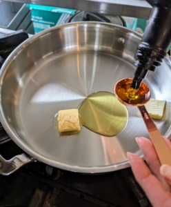 Meanwhile, Elvira heats up two tablespoons each of butter and oil in the saucepan and added 1/4-cup flour. This is for the roux, a mixture of roughly equal volumes of a starch and a liquid fat that are cooked together and used as a thickener for soups, stews, and sauces.