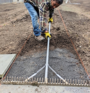 Next, Pete uses the back of a landscape rake to spread the stone dust. It is the perfect width of the path.