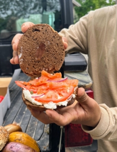 I served everyone a bagel with their choice of filling. Chhiring selected pumpernickel with lox, tomato, capers, and plain cream cheese.