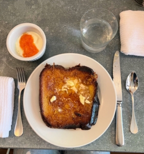 During the busy planting morning, we stopped for a good breakfast. Yogurt made by my niece, Sophie, with apricot jam I made along with French toast made from brioche bread I also made.