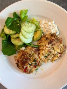 For lunch on this day, we had crab cakes and a fresh cucumber salad.