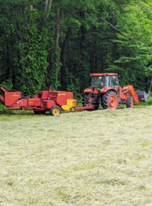 A hay baler is a piece of farm machinery used to compress a cut and raked crop into compact bales that are easy to handle, transport, and store. I am fortunate to have all the necessary equipment to process the hay in my fields.