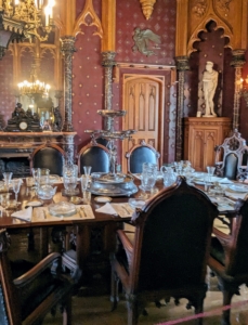 The Dining Room at Lyndhurst still contains the original Gothic Revival dining table and chairs designed by Alexander Jackson Davis for the Merrit Family in 1865.