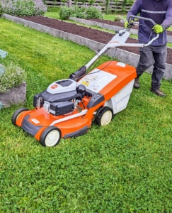 When mowing, remember to avoid scalping the grass, which means cutting it too short. A scalped lawn is vulnerable to grass burn, diseases, and weed infestation. Scalped turf also tends to be more weak and sparse.