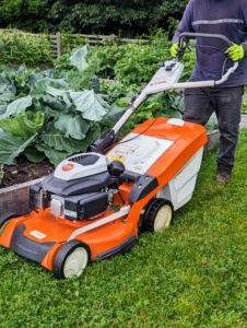 Here, Adan can get close to the vegetable bed without hurting any plants or the wooden bed frame.