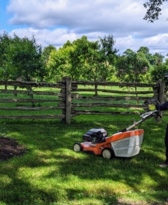 This mower is lightweight - just a little more than 100-pounds, making it easy to maneuver. And the controls are built to be ergonomic in design, so it is comfortable to use all day. And don't forget safety equipment - gloves, hat, eye and ear protection.