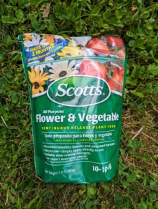 We use Scotts All Purpose Flower and Vegetable Continuous Release Plant Food. This formula delivers nourishment, encourages vigorous root growth and lush foliage.