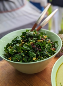 This salad is made with kale, pistachios, and sultana raisins, which are small, seedless, dried white grapes that are sweet, juicy, and golden in color.