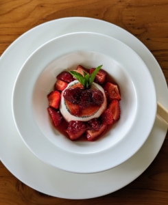 And for dessert - light and delicate vanilla panna cotta with fresh strawberries. Panna cotta means “cooked cream” in Italian and is made using sweetened cream thickened with gelatin. A wonderful lunch gathering and "meeting of the minds" - it's a good thing.