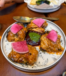 Anarkali Chicken is another small plate with pomegranate-chili, cilantro chutney, and zesty watermelon radish.