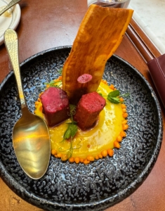 We loved this beautiful small plate of Smoked Sweet Potato Chaat made with green mango sauce, yam chip, ashwagandha droplets.