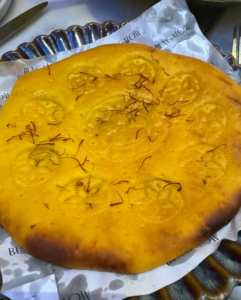 This was one of the most unique dishes! It is a saffron bread called Sheermal made with flour, cardamom, saffron and a satiating amount of ghee, or clarified butter.