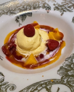 This dessert was called Mango Three Ways: rasmalai, mango mousse, and coulis with raspberries. The children devoured every morsel.