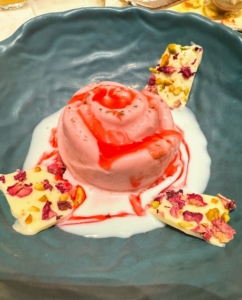 For dessert we had Rose Kulfi, an Indian-style ice cream, with candied rose petals, butterfly pea rabdi, and white chocolate bark. Sophie noted that the floral rose notes were reminiscent of many of the ancient temples she has visited in India.