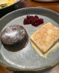 This Molten Chocolate Cake was complimented well with gulab jamun ice cream and cherry compote.