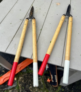 These are Okatsune 30-inch long Hedge Shears. Okatsune shears are light and precise, and come in a range of sizes.