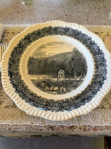 The place settings include a gorgeous Spode plate, each with a local Bar Harbor scene. I collect them and have been lucky to find and amass stacks of these historical plates.