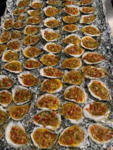 Our lunch was so delicious - oysters two ways, Oysters Casino and Oysters Rockefeller. Do you know the difference? Oysters Rockefeller was first created in New Orleans in the early 1900s, named after John D. Rockefeller. Oysters Casino is from the East Coast and is known for its distinctive combination of bacon, peppers, and breadcrumbs. This is Oysters Casino.