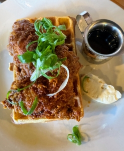 And fried chicken served on brown butter waffles and maple butter.